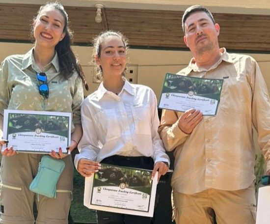 After recieving their Chimpanzee Tracking Certificates